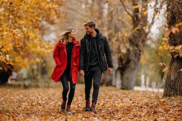 Young couple holding hands while walking through autumn park