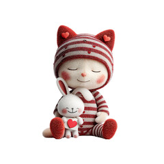 Adorable Kitten in Striped Pajamas Holding a Bunny Toy for Valentine's Day