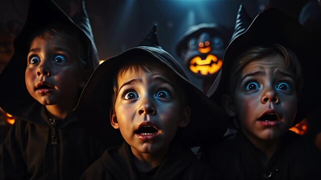 Three children in witches costumes in front of a halloween scene