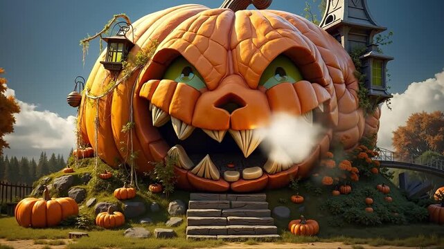 A large pumpkin with a scary face in the middle of a field of pumpkins