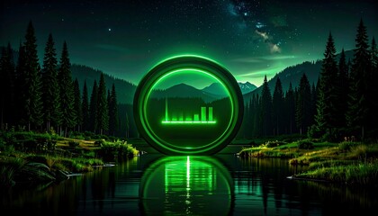 A glowing green data visualization hovers over tranquil water, reflecting a starry night. Forested mountains surround the scene