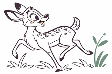 Cute Fawn Cartoon Running, Joyful Spotted Deer Outline on White Background
