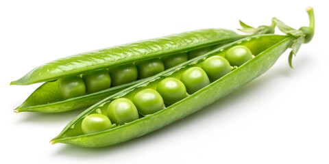 Closeup of fresh green pea pods isolated on white background in eco organic food composition