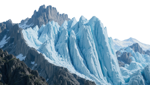 Winter snow-covered mountains with a view of a vast, icy glacier under a cloudy alpine sky