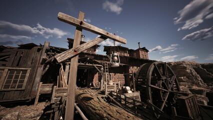 Obraz premium A rustic watermill stands against a clear sky, featuring a large wheel and wooden signpost. The intricate design showcases aged wood and architectural details typical of historic mills.