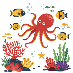 Adorable octopus and cute fish swimming in a vibrant underwater scene, presented as a charming 2D flat vector illustration.