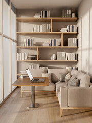 Laptop on wooden stool table and sofa aside bookshelf on parquet floor of a living room or library .