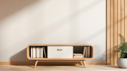 Bookcase drawer table on parquet floor and white wall in sunlit corridor or hallway of a modern house.