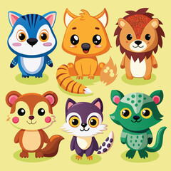 Naklejka premium Adorable cartoon animals set on yellow background