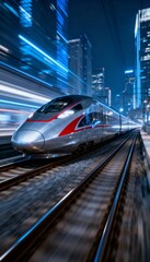 Naklejka premium High-speed train in motion at night through futuristic cityscape