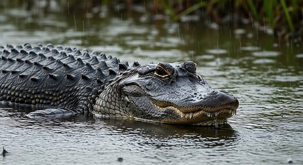 Fototapeta premium American Alligator submerged in murky water on a rainy day scenery