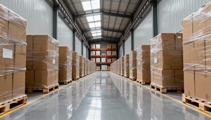 Warehouse interior with rows of palletized boxes, bright and organized