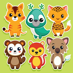 Cute cartoon animal stickers featuring a tiger, leopard, monkey, and other adorable creatures on a green background.