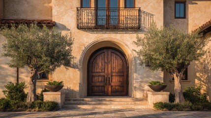 Fototapeta premium Mediterranean villa entrance with wooden door and olive trees in tuscany scenery