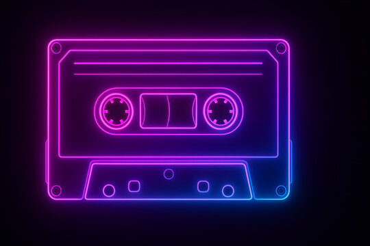 Neon cassette tape glowing in vibrant retro synthwave style, futuristic digital music icon with electric pink and blue illumination, nostalgic audio mixtape aesthetic for vintage sound design and mult