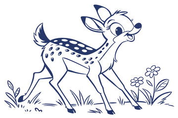 Cute Fawn Outline Cartoon Style with White Background, Grass and Flowers