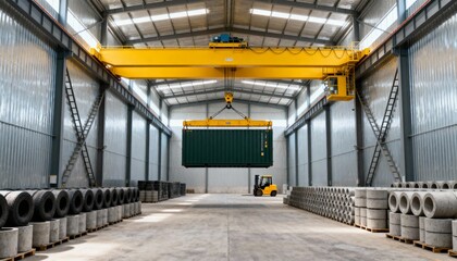 Large warehouse with yellow overhead crane lifting shipping container