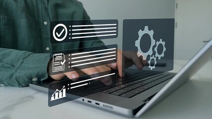 Automated industrial technology with digital transformation.Engineer setting up automated software.Business process optimisation.Robotic process automation or RPA.
 - Powered by Adobe