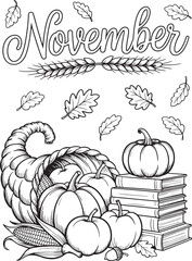 November cornucopia pumpkins oak leaves wheat and books illustration squash