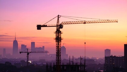 City skyline sunrise with construction cranes