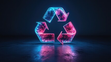 Neon recycle symbol, glowing, vibrant