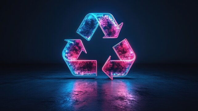 Neon recycle symbol, glowing, vibrant