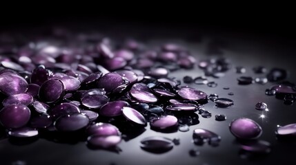 Amethyst Gems on Glossy Black Surface with Dramatic Lighting and Reflections