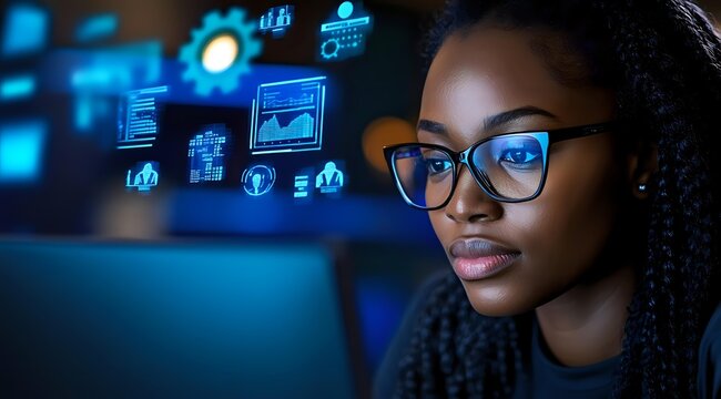 Young African American businesswoman in glasses analyzing digital charts and graphs on virtual screen in dark office with blue technology interface glow.