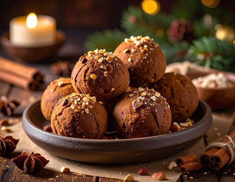 Domowe trufle piernikowe z rumem, kakao, i orzechami w świątecznej aranżacji
