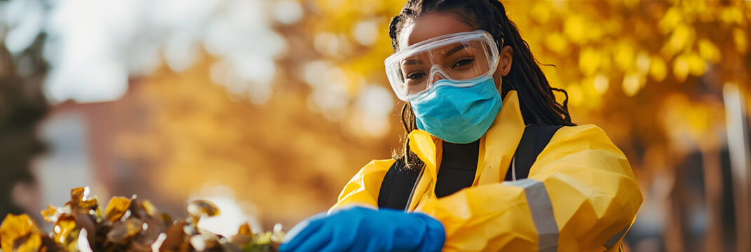 Woman wearing protective gear diligently picking up trash in a public park wide banner 