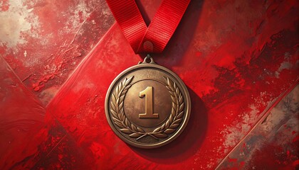 Gold medal with "1" & laurel wreath on red textured surface; red ribbon loop attached