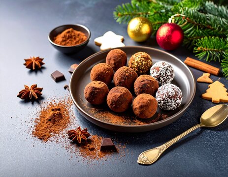 Domowe trufle piernikowe z rumem, kakao, i orzechami w świątecznej aranżacji