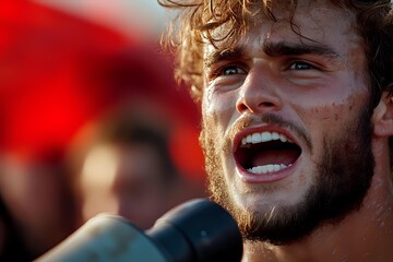 Young athletic man with curly hair and stubble shouting passionately during outdoor protest or rally, intense emotional expression against red background blur.