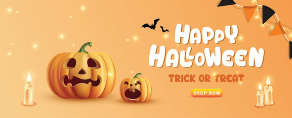 Halloween party background design. Happy halloween text with cute and funny pumpkin faces and lantern in yard for spooky trick or treat decoration