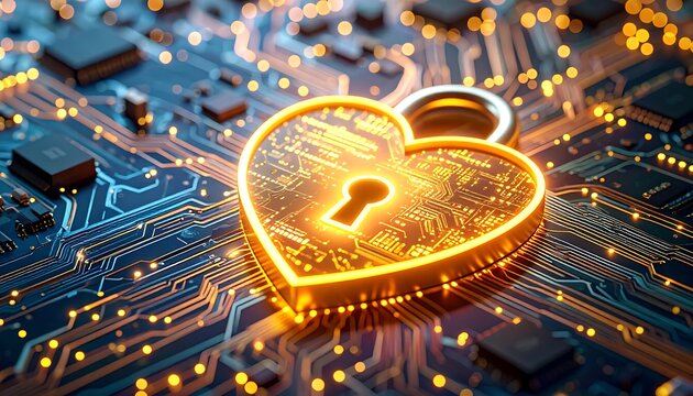 A glowing heart-shaped padlock rests on a blue circuit board, symbolizing security and data protection