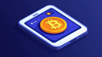 Isometric Bitcoin on Tablet Screen, Cryptocurrency Concept, Digital Finance, Modern Design.