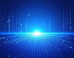 A vibrant blue background features cascading binary numbers in white, creating a dynamic digital atmosphere that evokes technology and innovation.