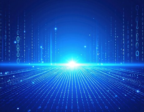 A vibrant blue background features cascading binary numbers in white, creating a dynamic digital atmosphere that evokes technology and innovation.