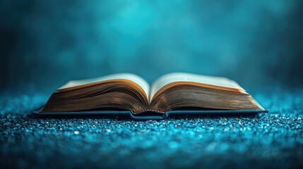 Open book, aged pages, teal backdrop