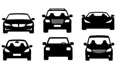 Diverse Vehicle Front View Silhouettes Vector Set: Collection of Six Car Types Including Sedans, SUVs, and a Minivan for Transportation and Automotive Design Projects.