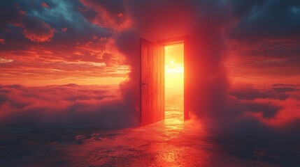 Open door in fiery sunset clouds