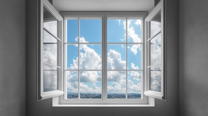 Open window, bright sky, city view