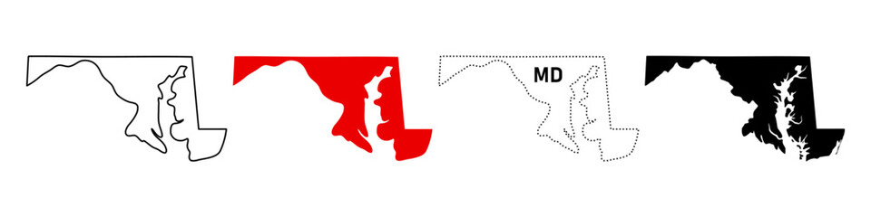 Maryland state map icon set. US state shape in outline, filled, dotted and labeled MD sign. Chesapeake Bay and Atlantic border symbol. Annapolis capital location pictogram.