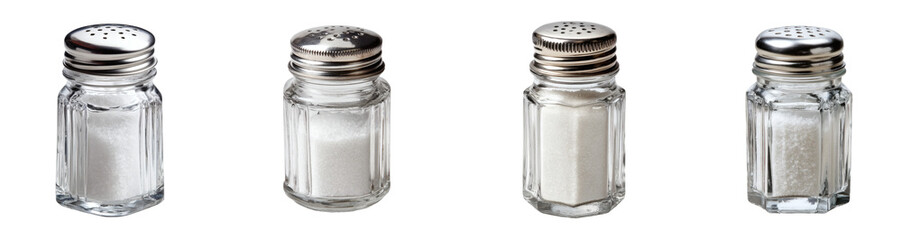 Classic Glass Salt Shaker with Metal Top, Isolated on Black PNG set Transparent backround