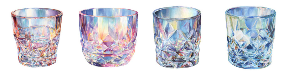 Prism Glassware: A Watercolor Collection of Four Ornate Crystal Tumblers, Capturing Refracted Light and Vibrant Hues PNG set Transparent background