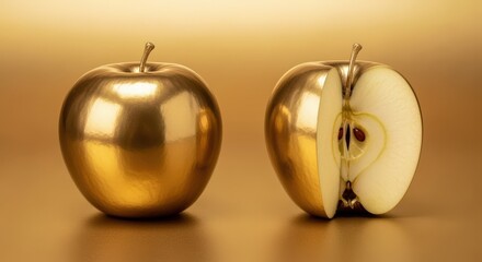 Metallic gold apples, one sliced, luxurious display