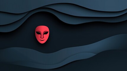 Red Mask Emerging from Dark Blue Layered Abstract Background