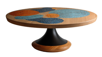 Round wooden cake stand with a mosaic top.  A light-colored wood base supports a dark-colored pedestal.  Colorful mosaic circles adorn the top