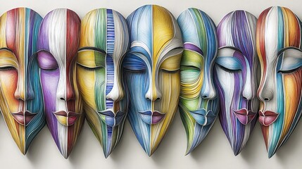 Harmonious Faces: Abstract Masks in Vibrant Colors, Artistic Expression, Serene Beauty