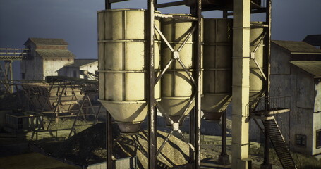 Large silos are positioned on a construction site surrounded by machinery and old buildings. The setting showcases industrial operations under clear skies during the day.